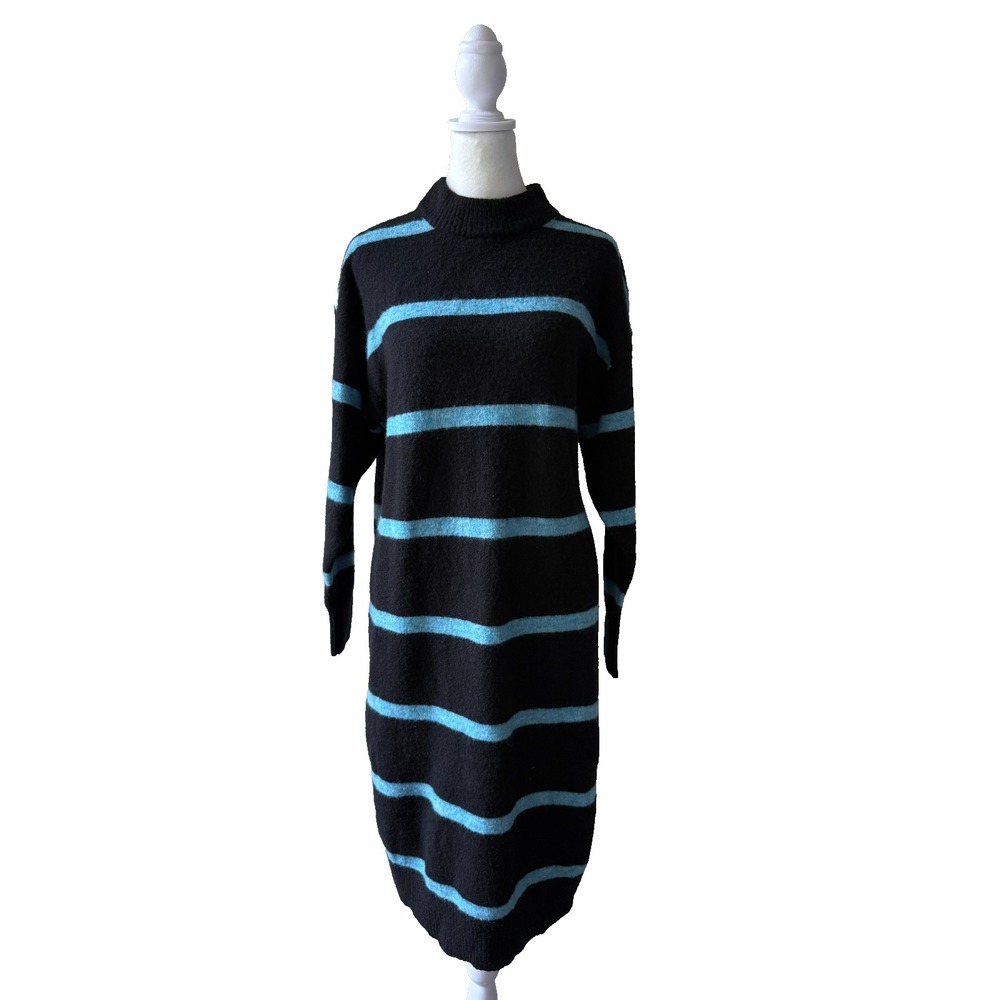 Monki Felia Sweater Dress Size‎ XS Black Blue Stripe Knit Midi Sustainable